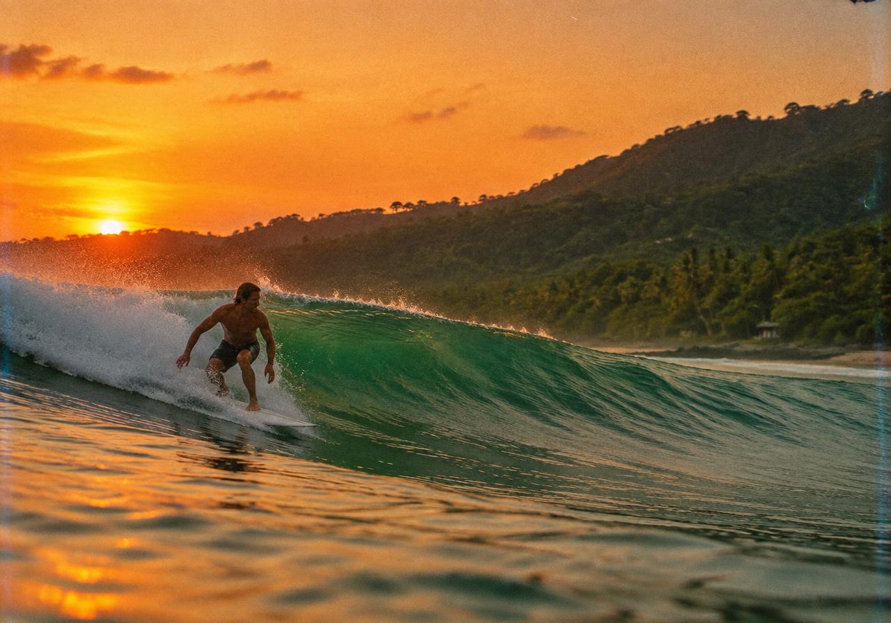 Surfista en una ola verde al atardecer en Santa Teresa